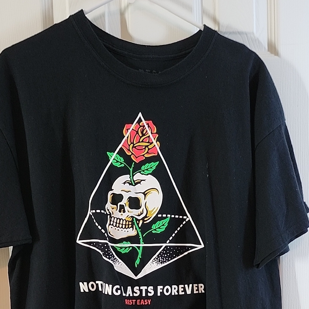 Black Graphic Tee with Skull and Rose Design NOTHING LASTS FOREVER REST EASY